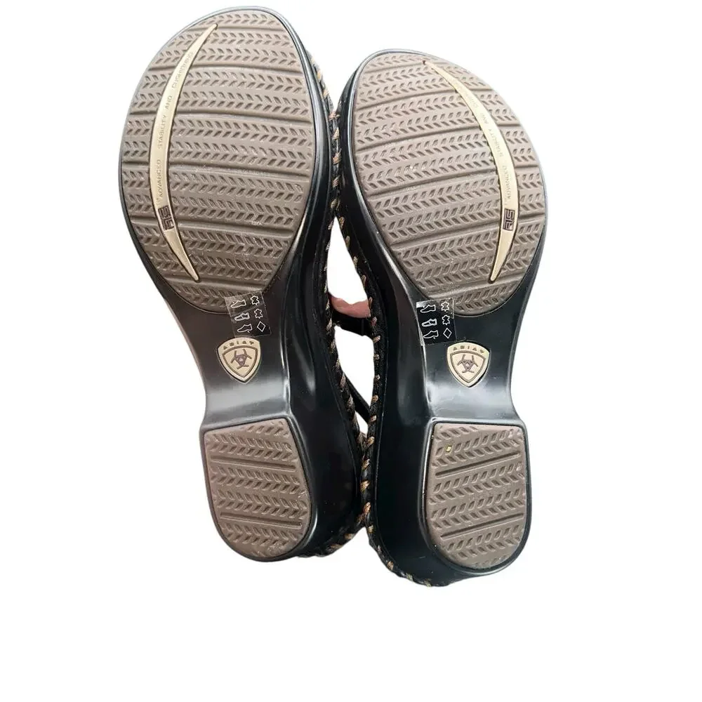 Ariat Leather Wedge Sandals 7.5 B Black Stitch Detail Comfort Slingback